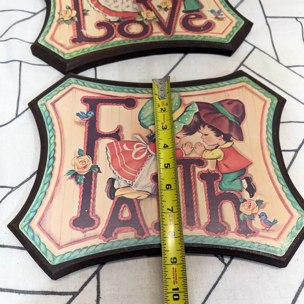 Vintage Wood Wall Plaques Set of 2 Love Faith 11x8.5 Multicolor Cottagecore Art